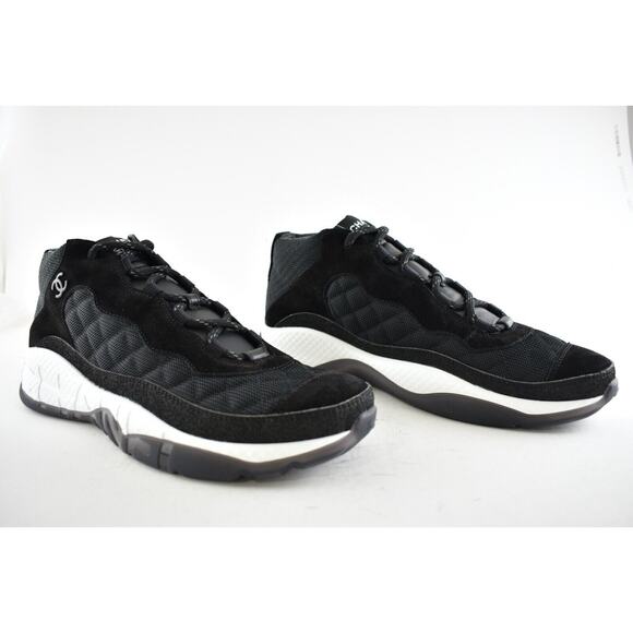 Chanel 21B Mens Black Suede White CC Logo Lace Up Mid Top Trainer Sneaker 44 11 - Picture 5 of 12